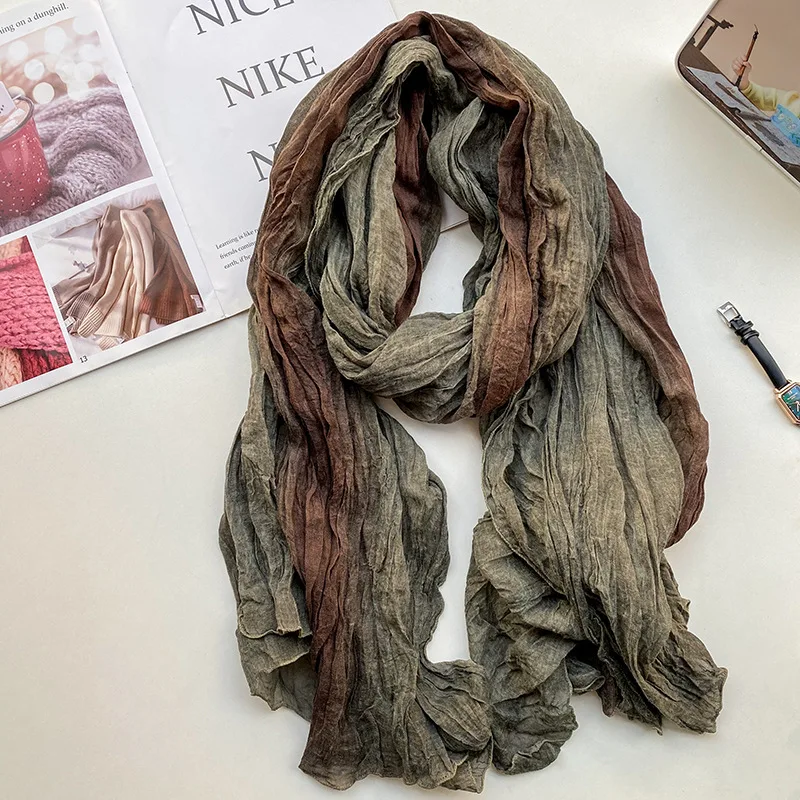 Retro Folds, Gradual Change of Color Ethnic Style Scarf Women's Tie-dye Long Shawl Korean Literary and Fresh