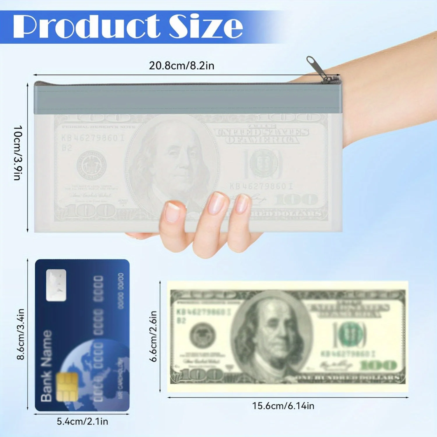 5 Pcs Zippered Cash Bags For deposit, Size 20.8 X 10 Cm Cash Envelope wallet, Zippered Deposit Bag multi-purpose Check Billfold