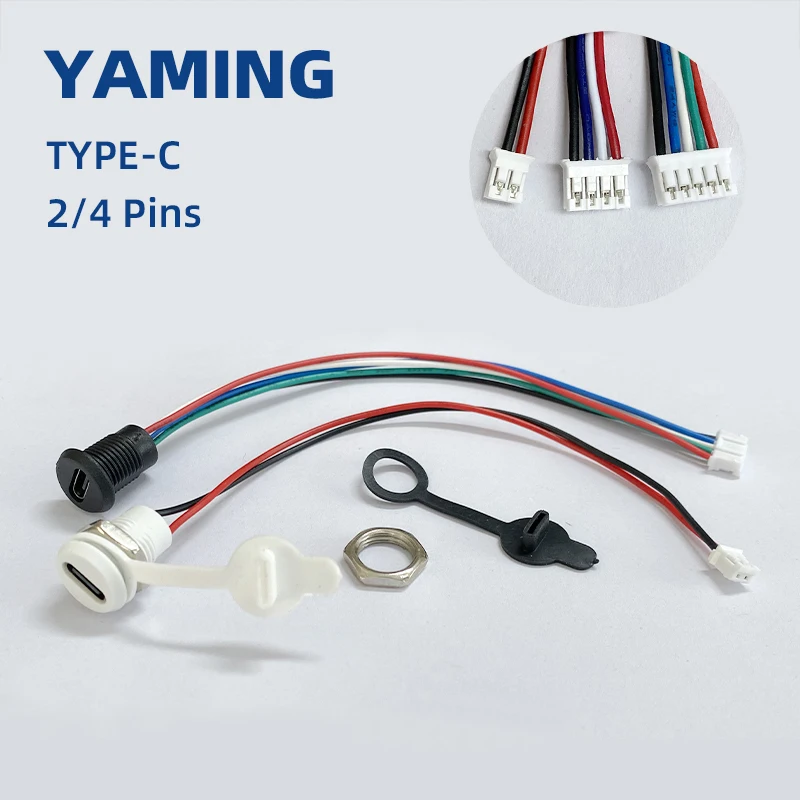 TYPE-C USB Connector 2/4 Pins With 15cm Wire Waterproof Female Seat With PH2.0 Terminal Nut Lock Plate