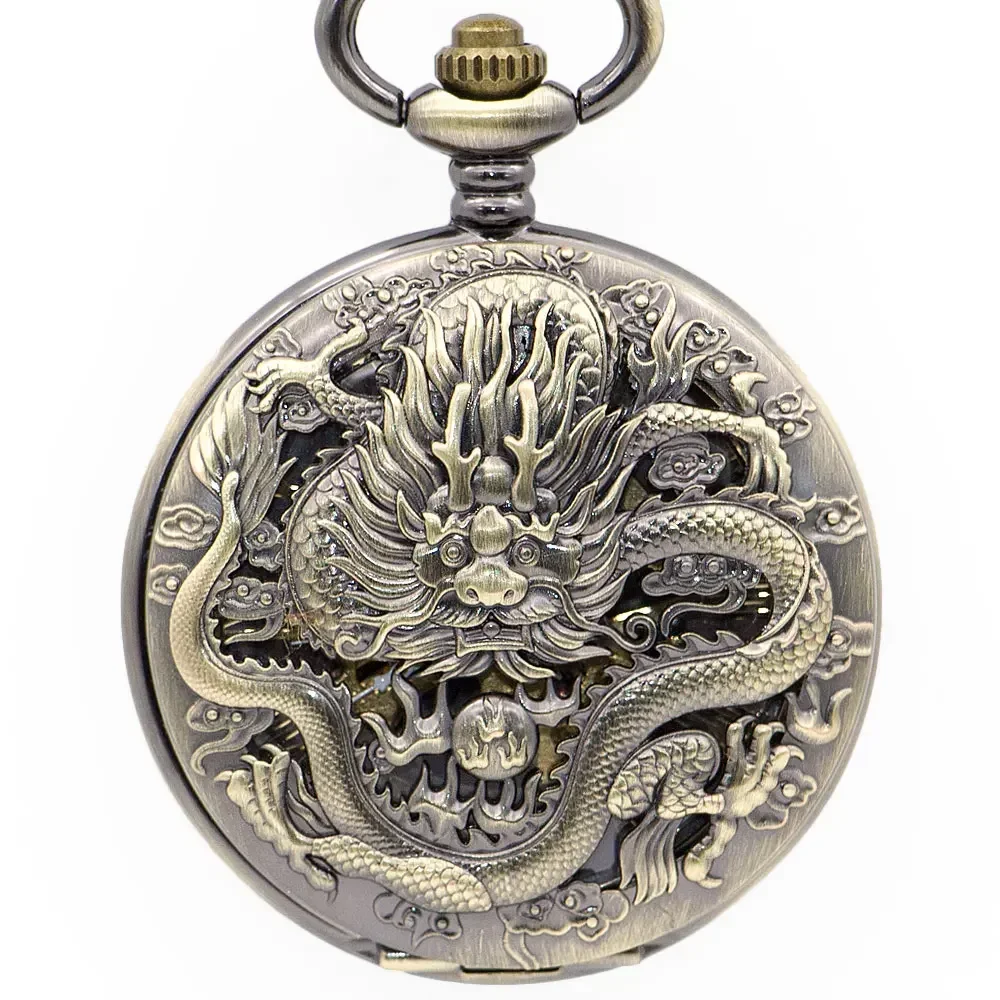 

NEW Drop Shipping Fashion Mens Pocket Watches Mechanical Hand Wind Casual Fob Watch Dragon Logo Carving Mens Gift Watches