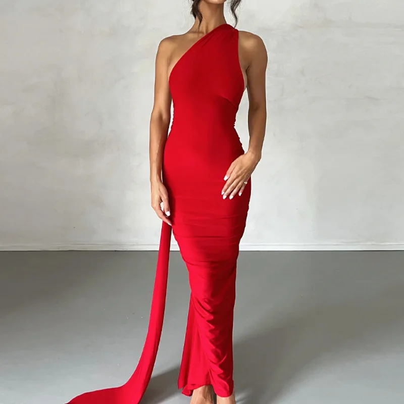 

2025 Spring and Summer New Women's Temperament Elegant Temperament Solid Color Personality Design Sense of Backless Dress