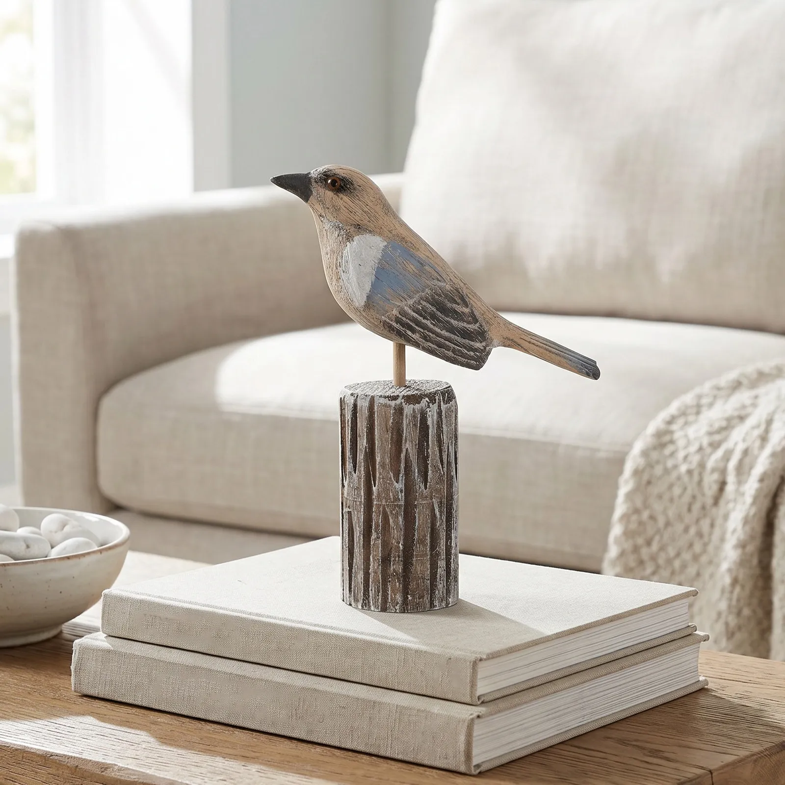 Wooden Sea Bird Stump Decoration Hand-Carved Natural Wood Coastal Mantle Beach Shelf Stand Nautical Ocean Themed Decor