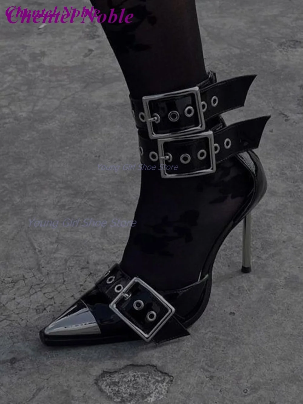 

Punk Metal Buckle Stiletto Pointed Toe Thin Heel White Black Rivet Leather Splicing Women Shose 2023 Spring Summer New Arrival