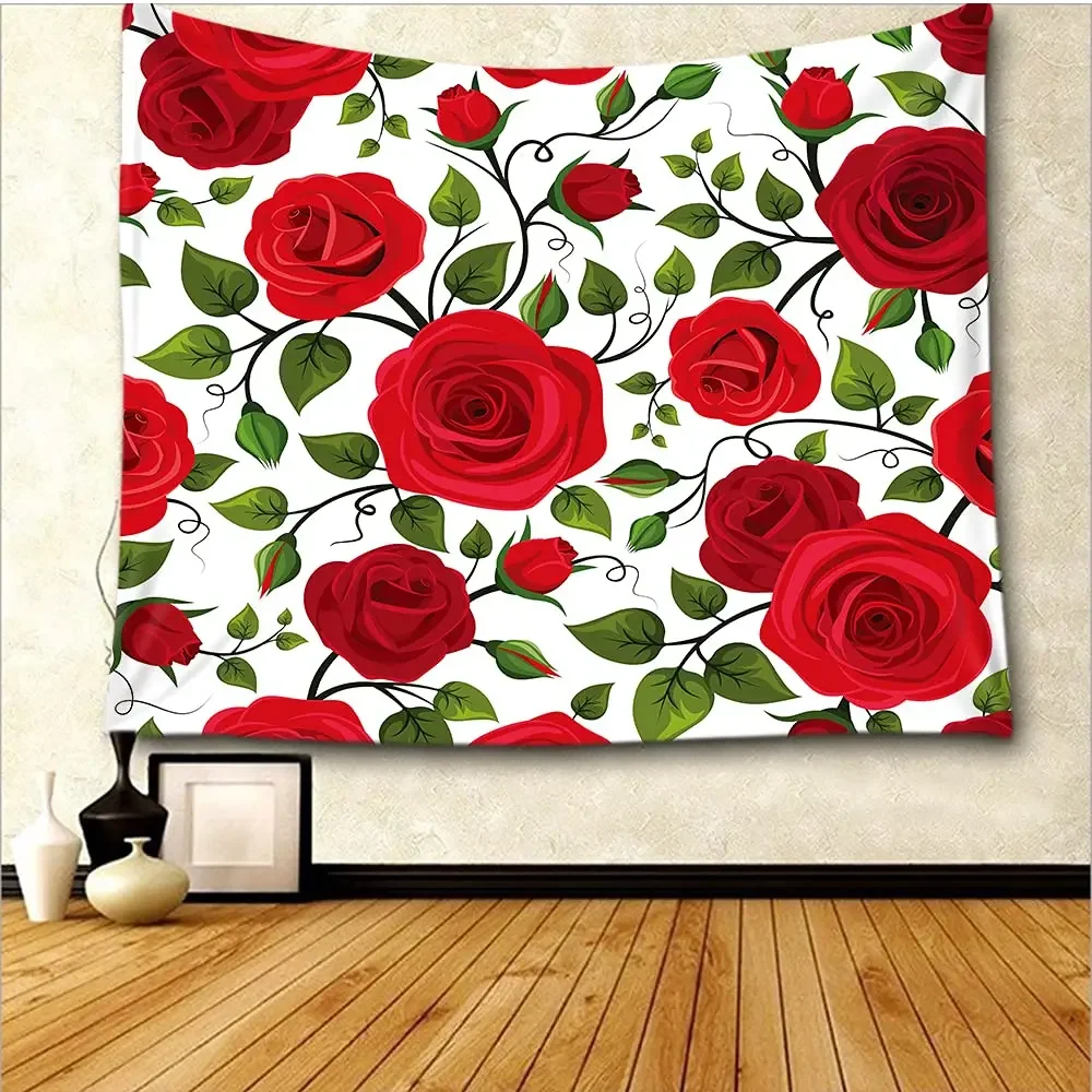 Red Rose Tapestry Flower Plant Tapestry Botanical Nature Tapestry Red and Black for Bedroom Living Room Wall Decor