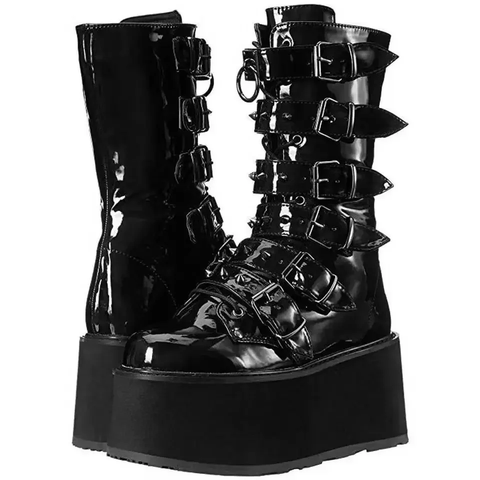 New Platform Boots Euro-American Style Studded Wedge Mid-calf Women's Boots Punk K Spice Knight Boots Woman Designer Shoes