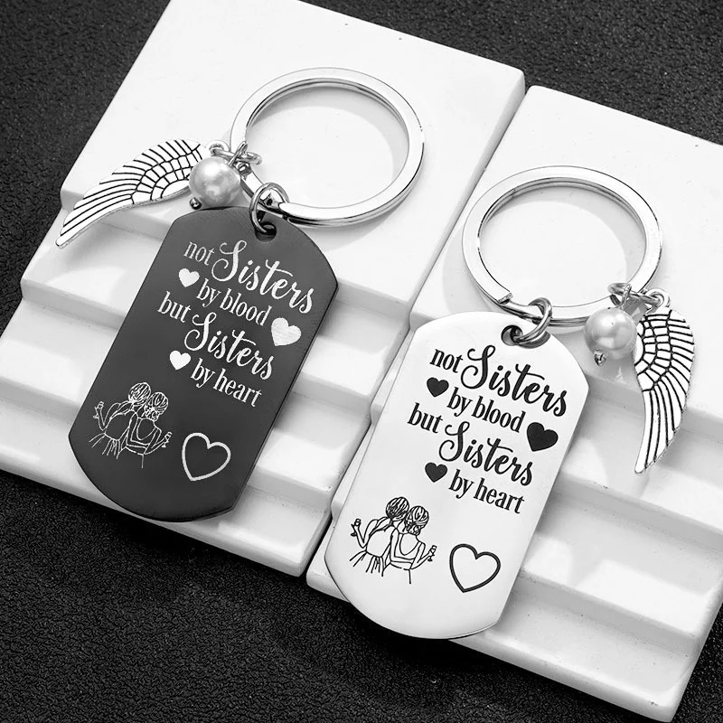 Not Sisters By Blood Keychain, Black and Silver, Pearl Wing Pendant, Girlfriend Gift.