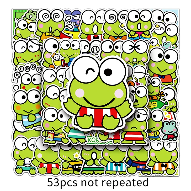 53Pcs Kawaii Sanrio Big-Eyed Frog Keroppi Cartoon Graffiti Luggage Laptop Cell Phone Case Decorative Sticker Stationery Stickers