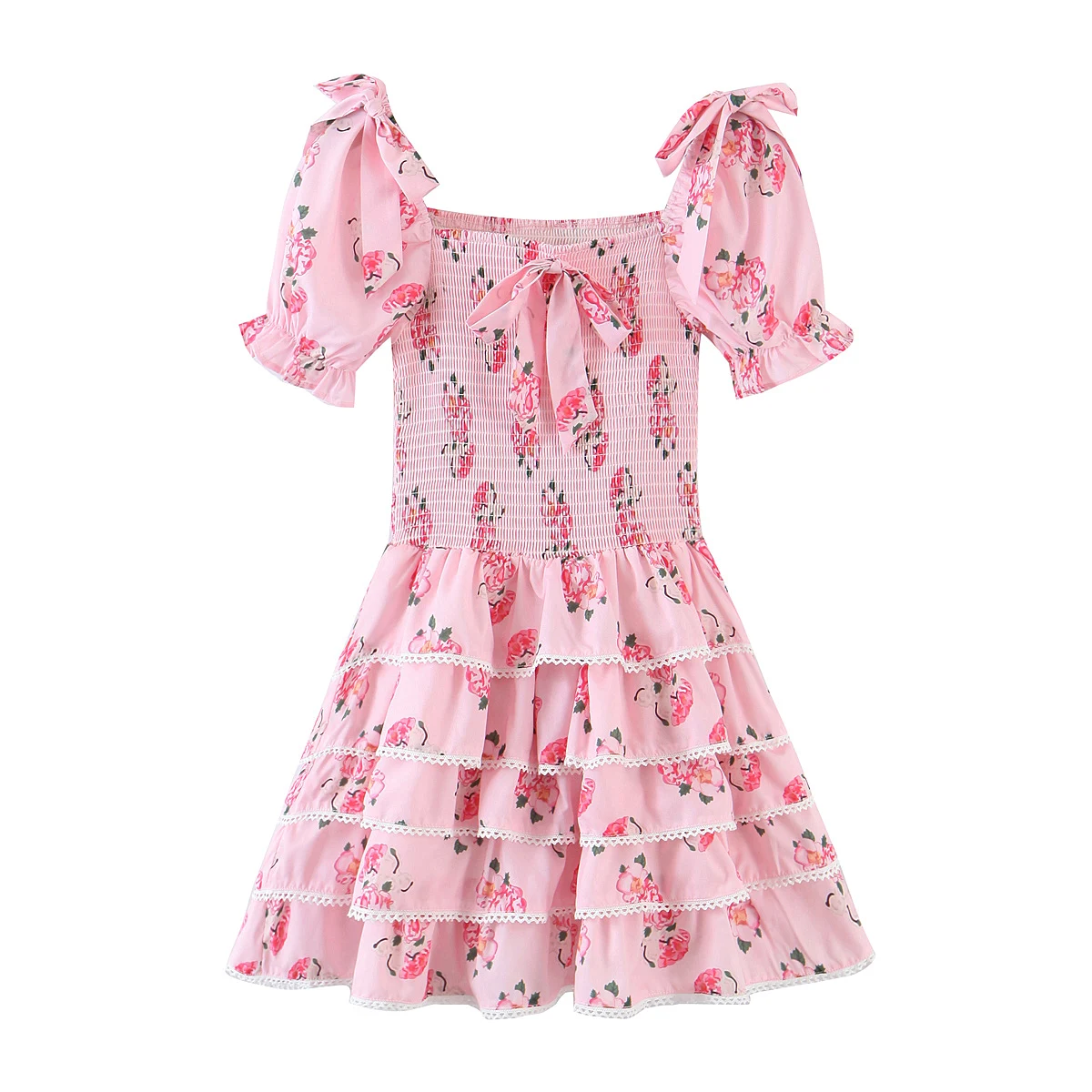 2022 Princess Pink Floral Print Bow Puff Sleeve Dress Women Elastic Ruched Body Spliced Short Party Dresses Slim fit Vestido