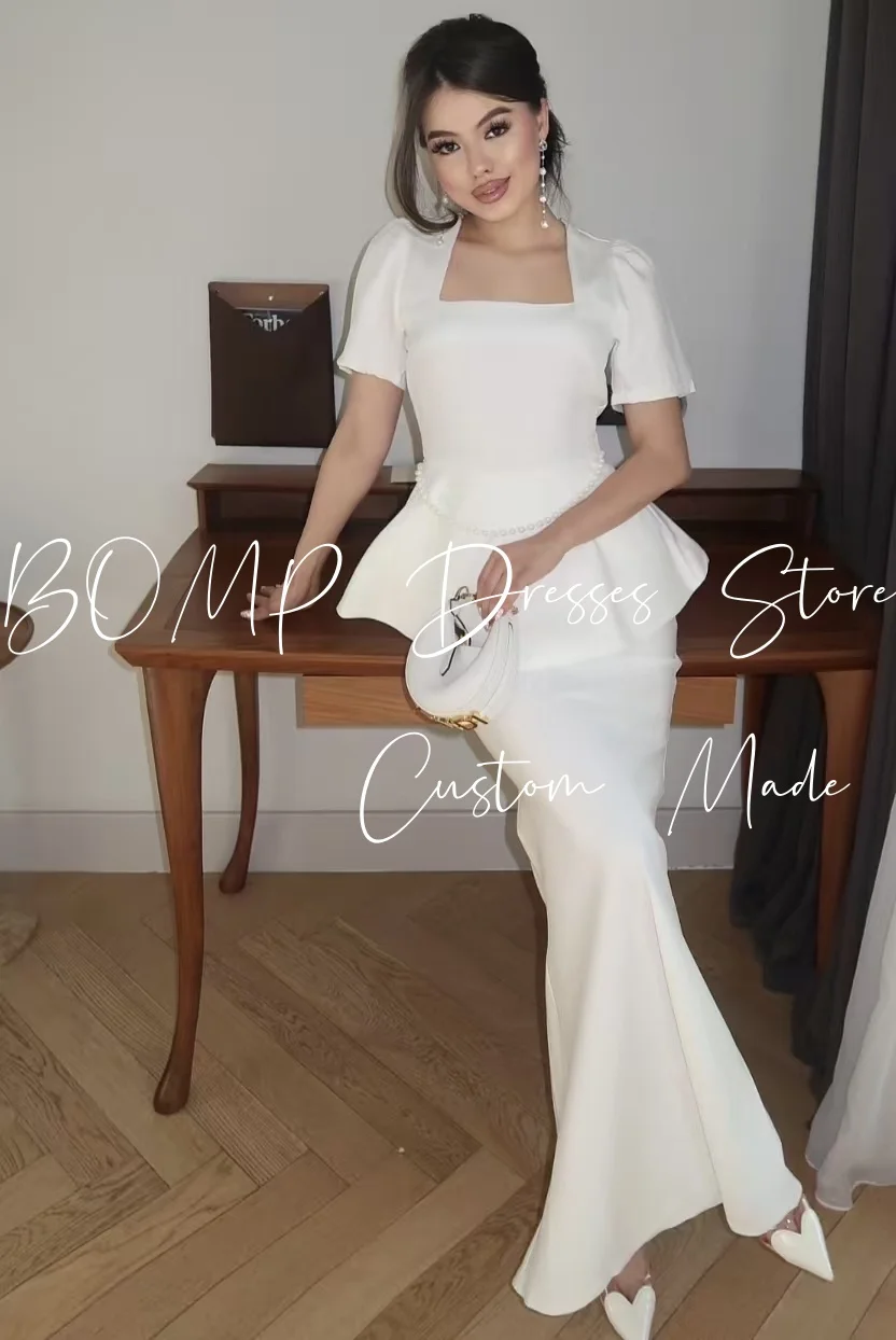 BOMP elegante vestido de noche blanco de manga corta drapeado sirena hasta el suelo satén ocasión especial vestidos de fiesta personalizado árabe