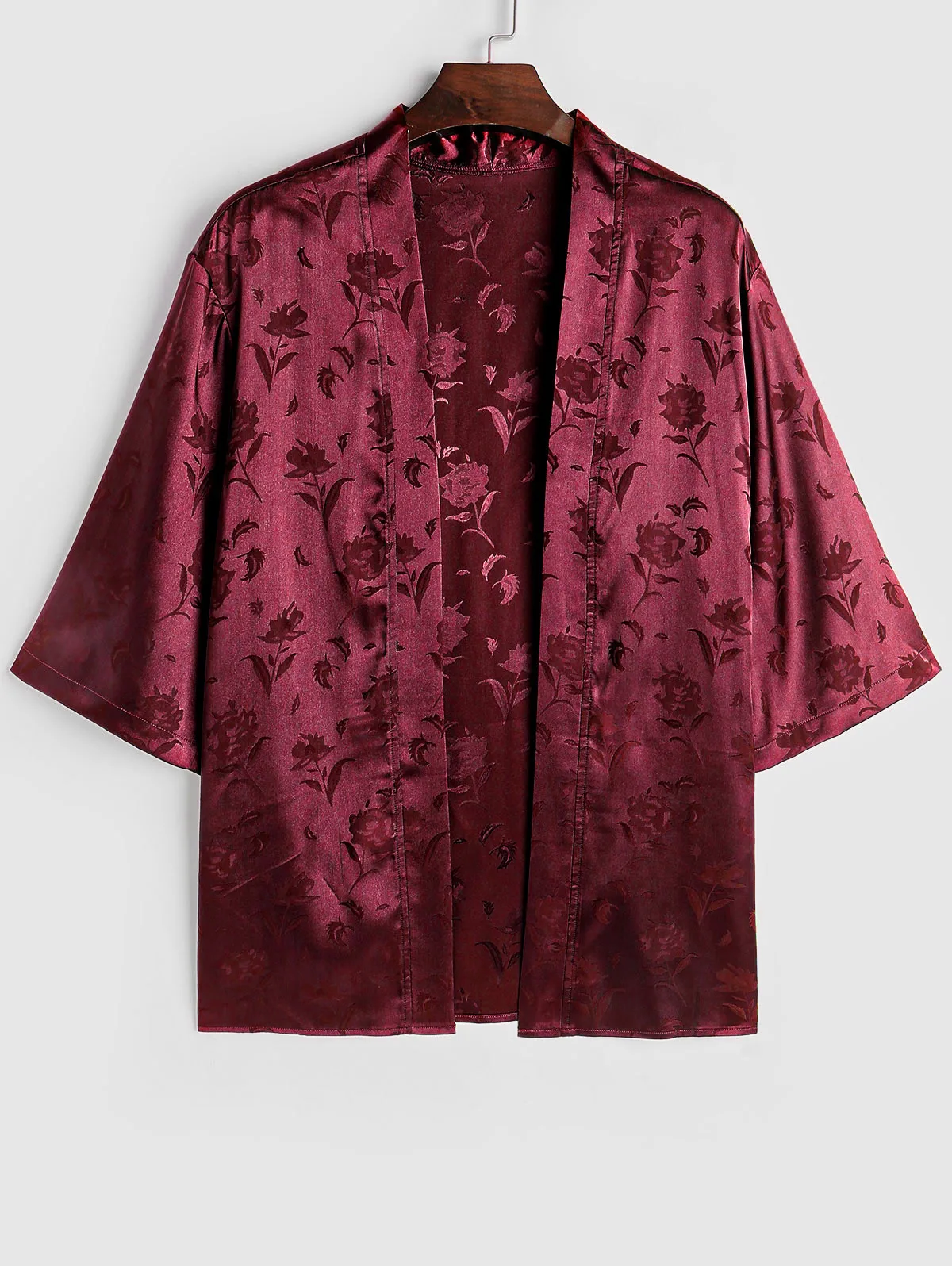 ZAFUL Men's Silky Satin Rose Printed Open Front Kimono Shirt