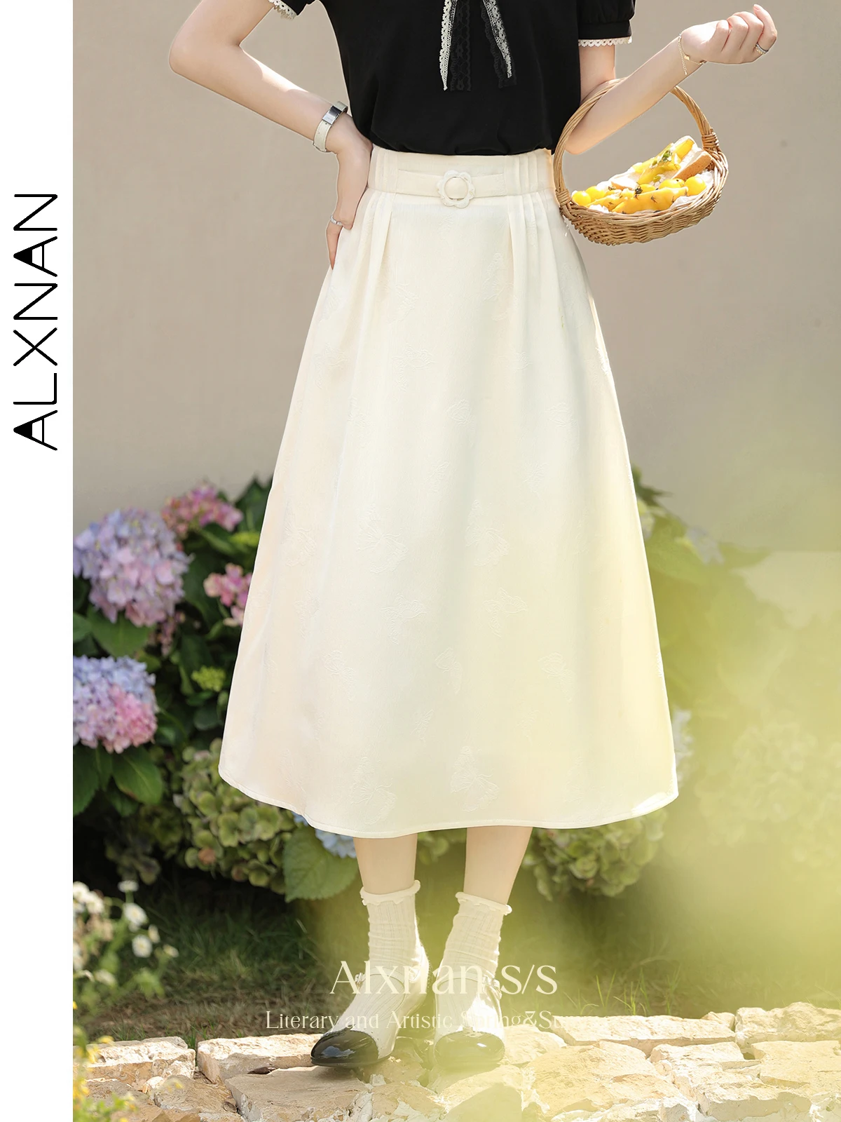 ALXNAN Chinese Style Women's Skirt 2024 Fashion Apricot Solid Elegant Summer A-line Midi Skirts Female Clothes L35602