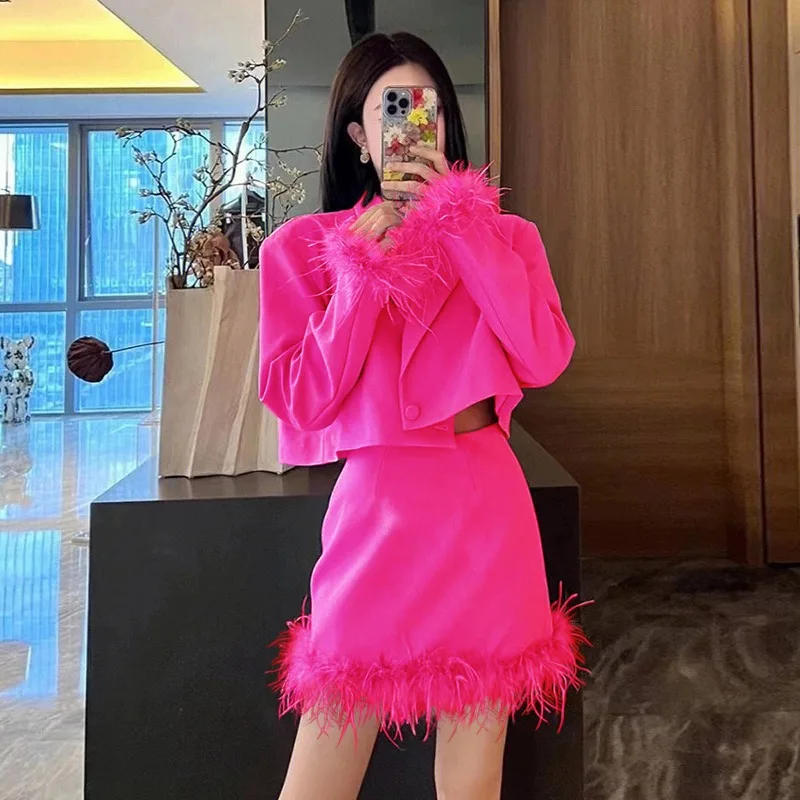customized In stock fashionable simple high-end ostrich fur temperament commuter women's suit short skirt set