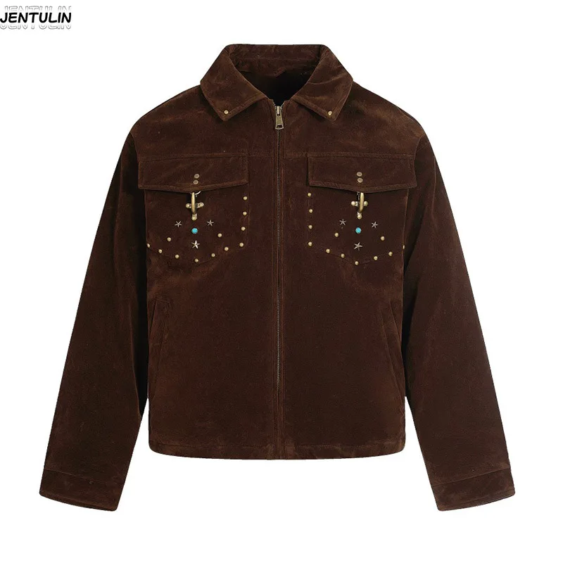 American Retro Niche Irregular High Street Design Jacket With Rivets Y2k Turquoise Decoration For Summer Unisex Clothing Coat