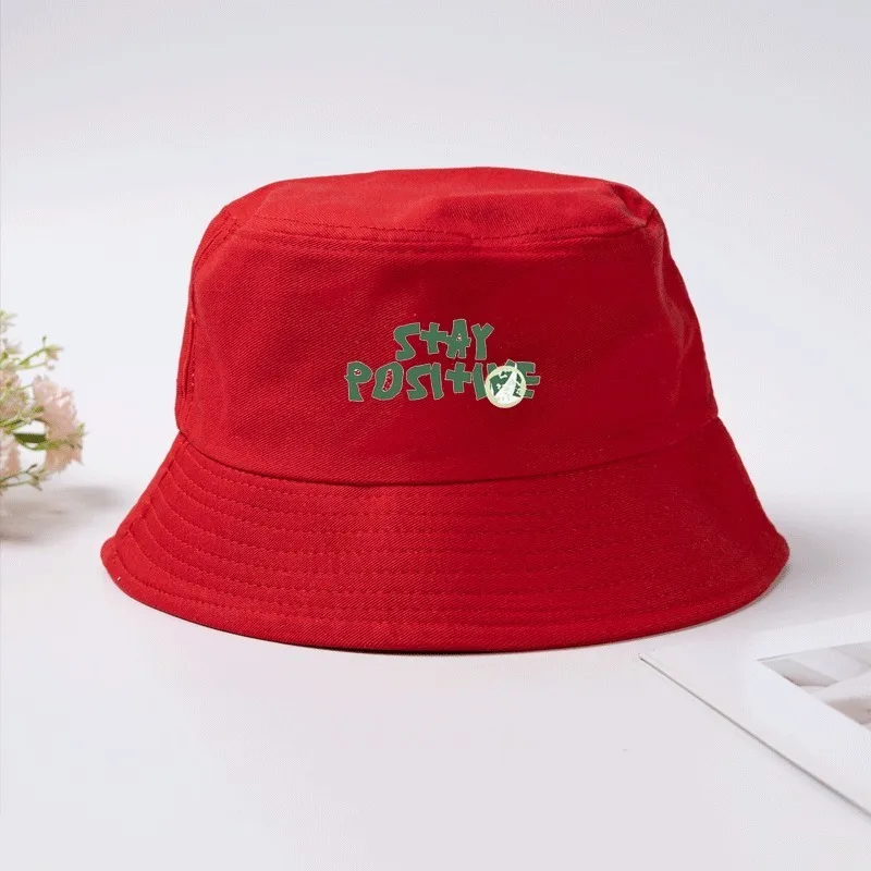 Stay Positive Print Bucket Hat Cotton Fisherman Cap Inspirational Slogan Sun Hat Outdoor Beach Cap for Men Women Breathable