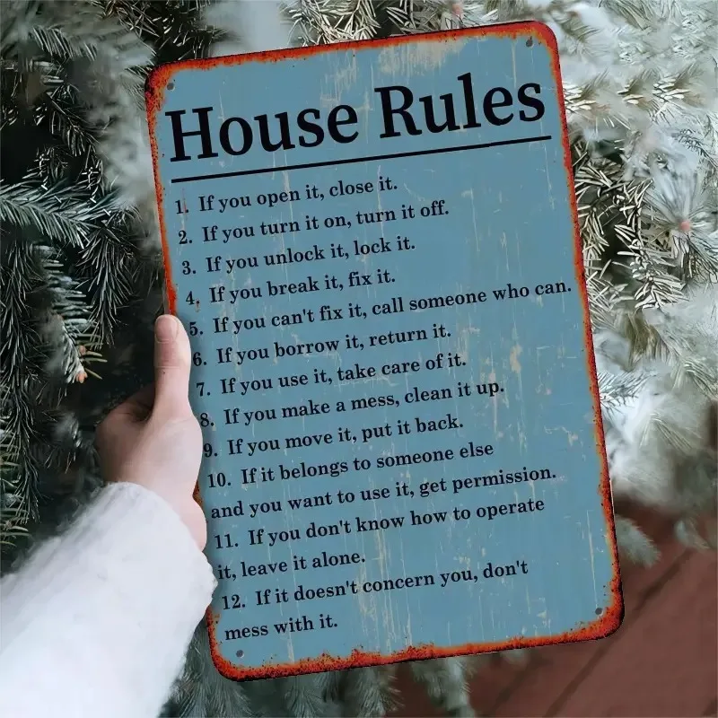 Vintage Farmhouse House Rules Aluminum Sign | Metal Wall Decoration for Home Living Room, Rustic Home Decor