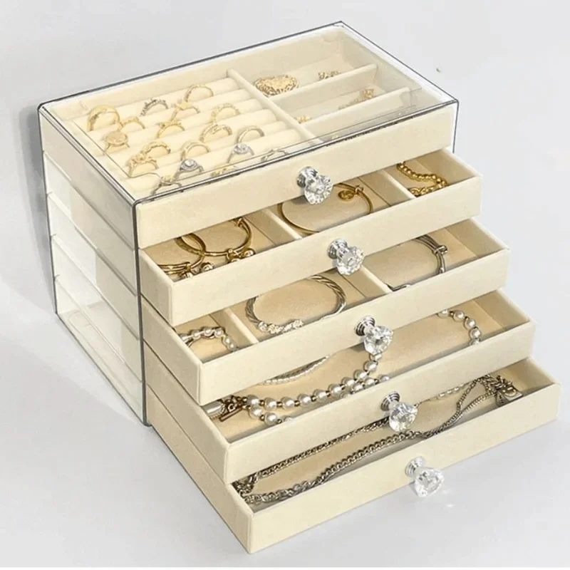 Velvet Lining Transparent Acrylic Jewelry Storage Box Drawer Organizer For Earrings Rings Necklaces Bracelets