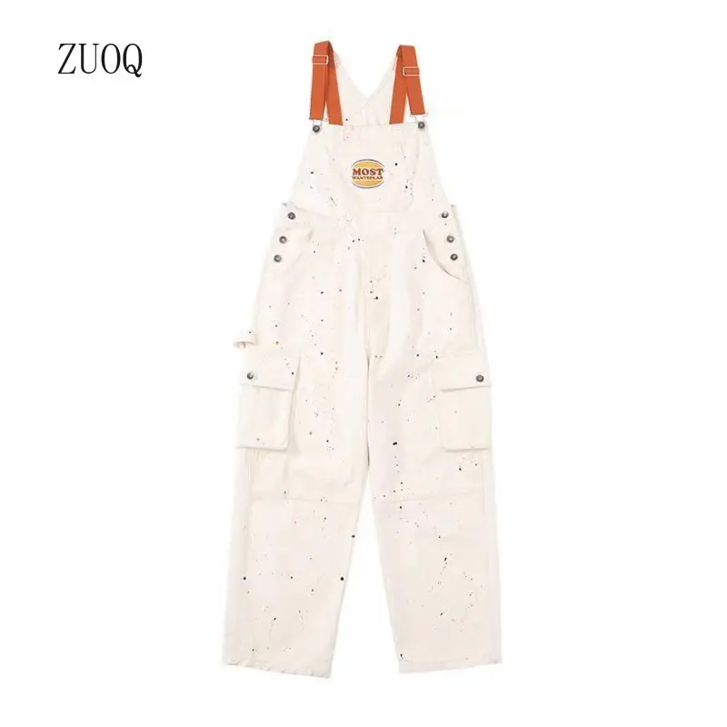 New 2025 Splash Ink High Street Strap Denim Pants Men American Vintage Casual Overalls Jeans Man