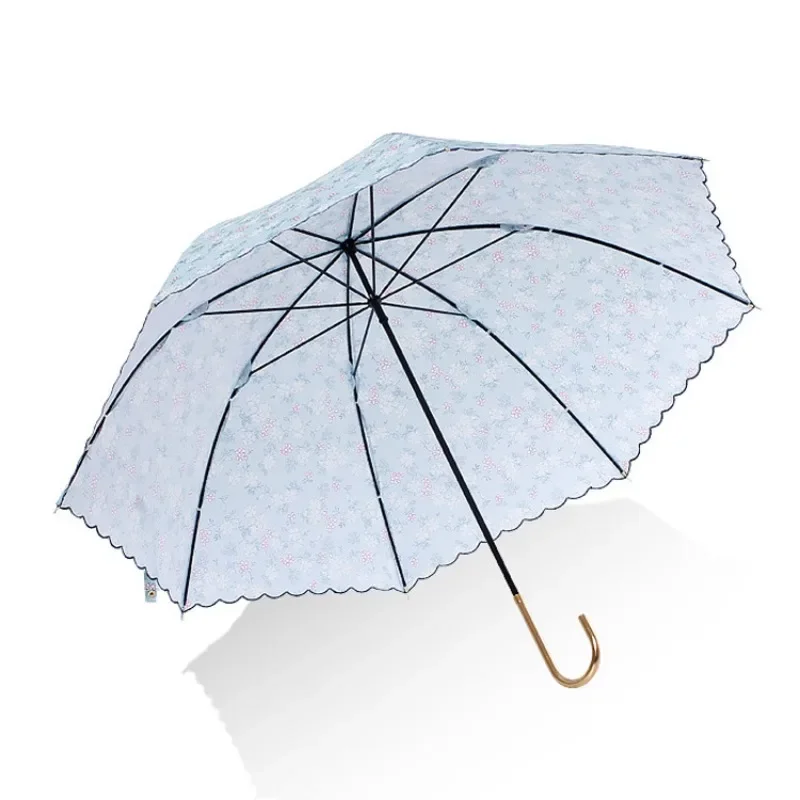 

Small Fresh Three Fold Hand Open Umbrella Gold Hook Curved Handle Sunshade Sunny Fold Light Fragrant Embroidery UmbrellaS