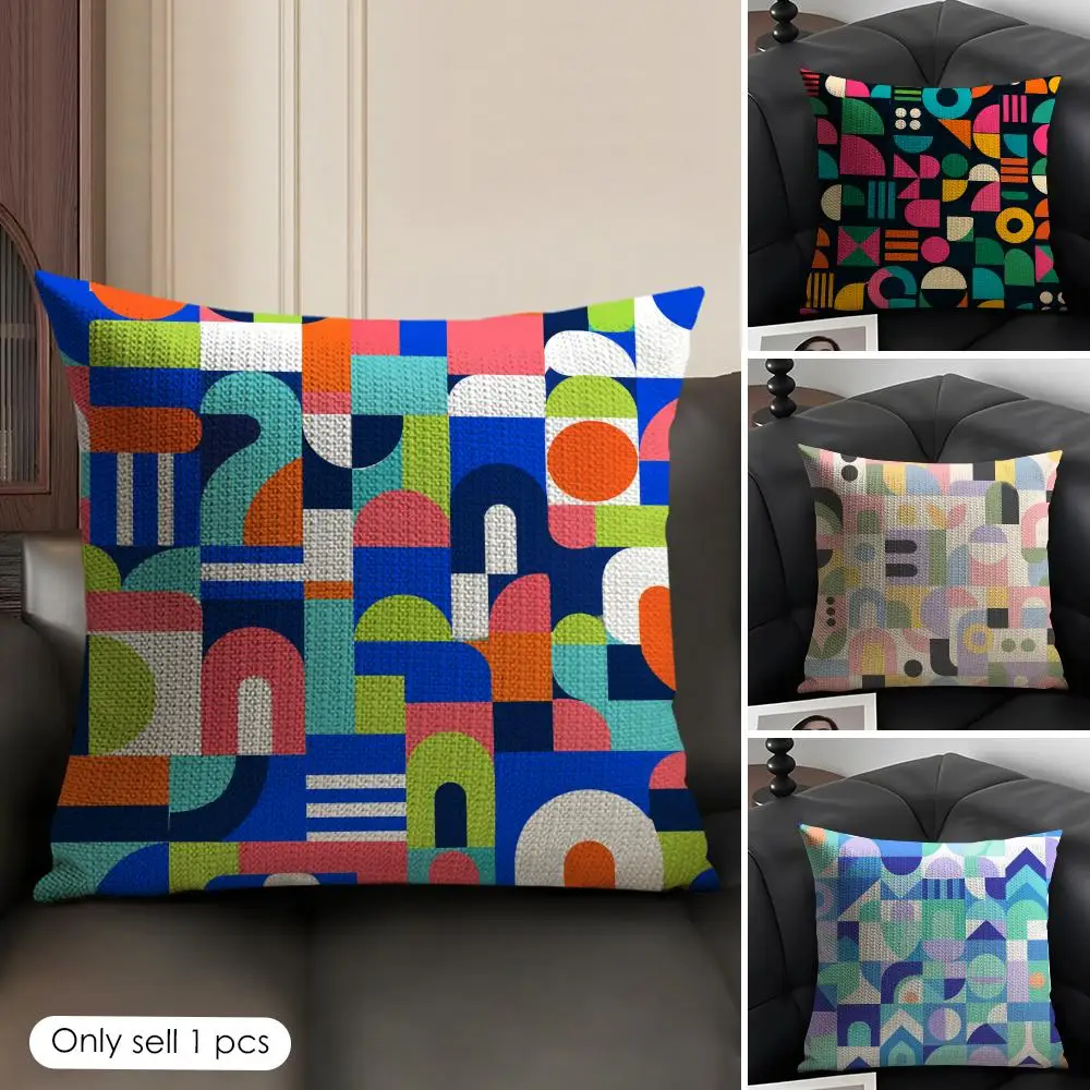 Bright Color Block Shapes Cushion Cover Linen Organic Fabric Double-Sided Printing Sofa Breathable Home Decor Gift Pillow Case