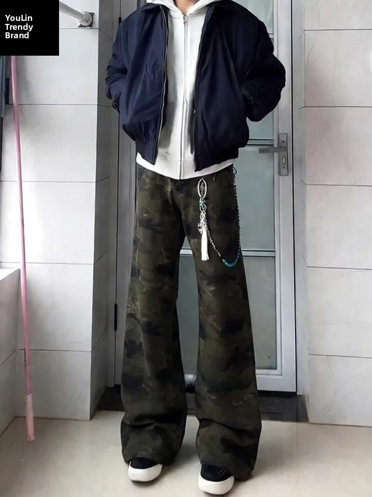 

Retro American Camouflage Pants Men's Winter Fleece Vibe Style Leg Lengthening Slim Straight Workwear Trousers