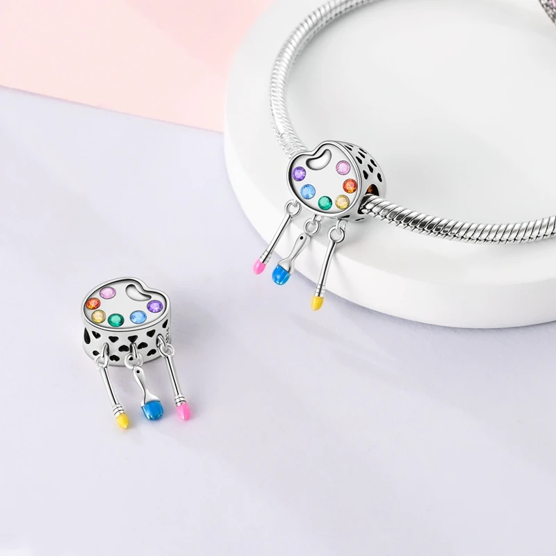 Original 925 Sterling Silver Charms Bead Paint Palette Pigment Pendant Fit Original Bracelet Necklace For Women Painter DIY Gift