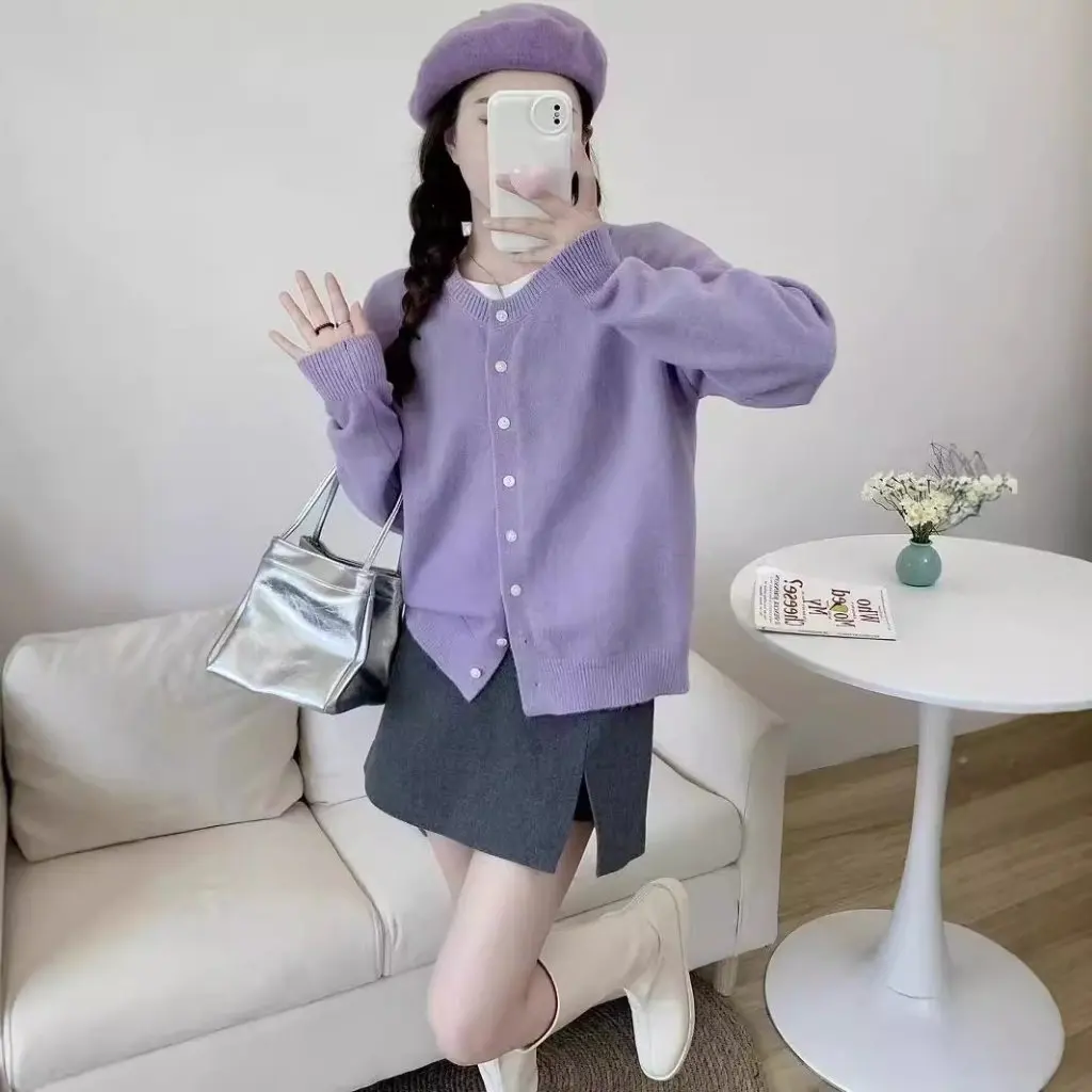 

Candy Color Women's Long Sleeve Knitted Cardigan Loose round Neck Single-Breasted Sweater Jacket Fresh Age-Reducing Style