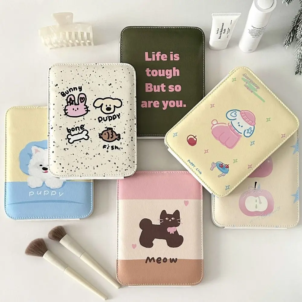 Pu Leather Desktop Stand Mirror Cartoon Puppy Flower Fold Makeup Mirror Easy To Carry Light Weight Vanity Mirror Cosmetic Tools