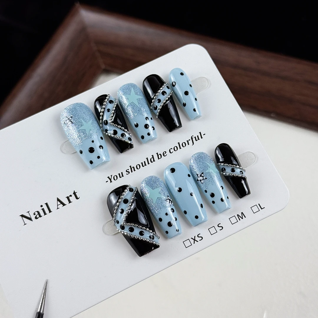 10pcs high-end Luxurious retro style, hand-painted stars, polka dots, shiny fragments handmade fake nails