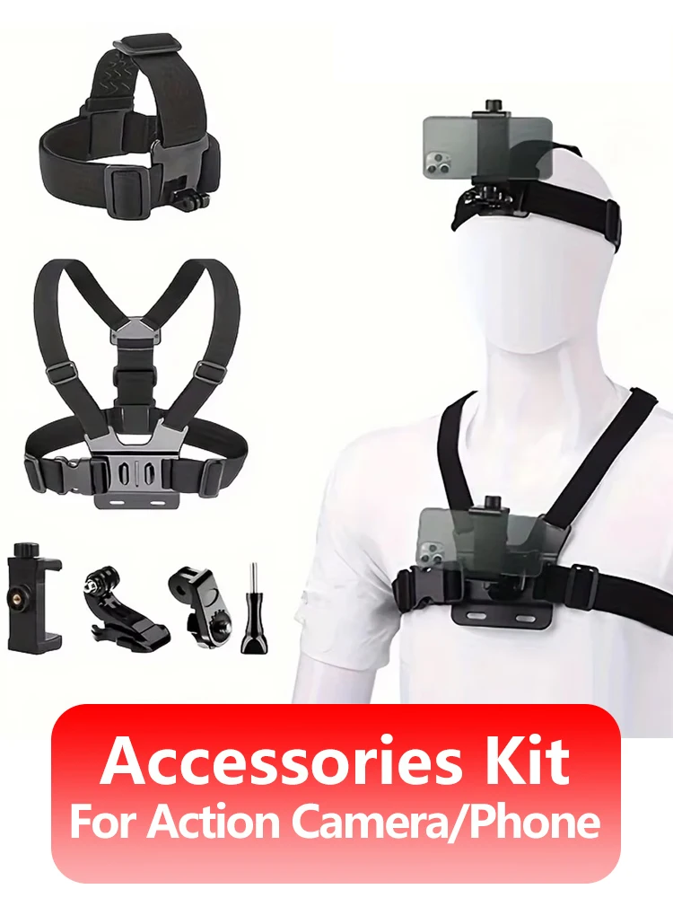 Kit d'accessoires de caméra d'action tout-en-un, sangle de tête, support de sangle de poitrine réglable pour téléphone GoPro Hero Osmo SJCAM AKASO insta360