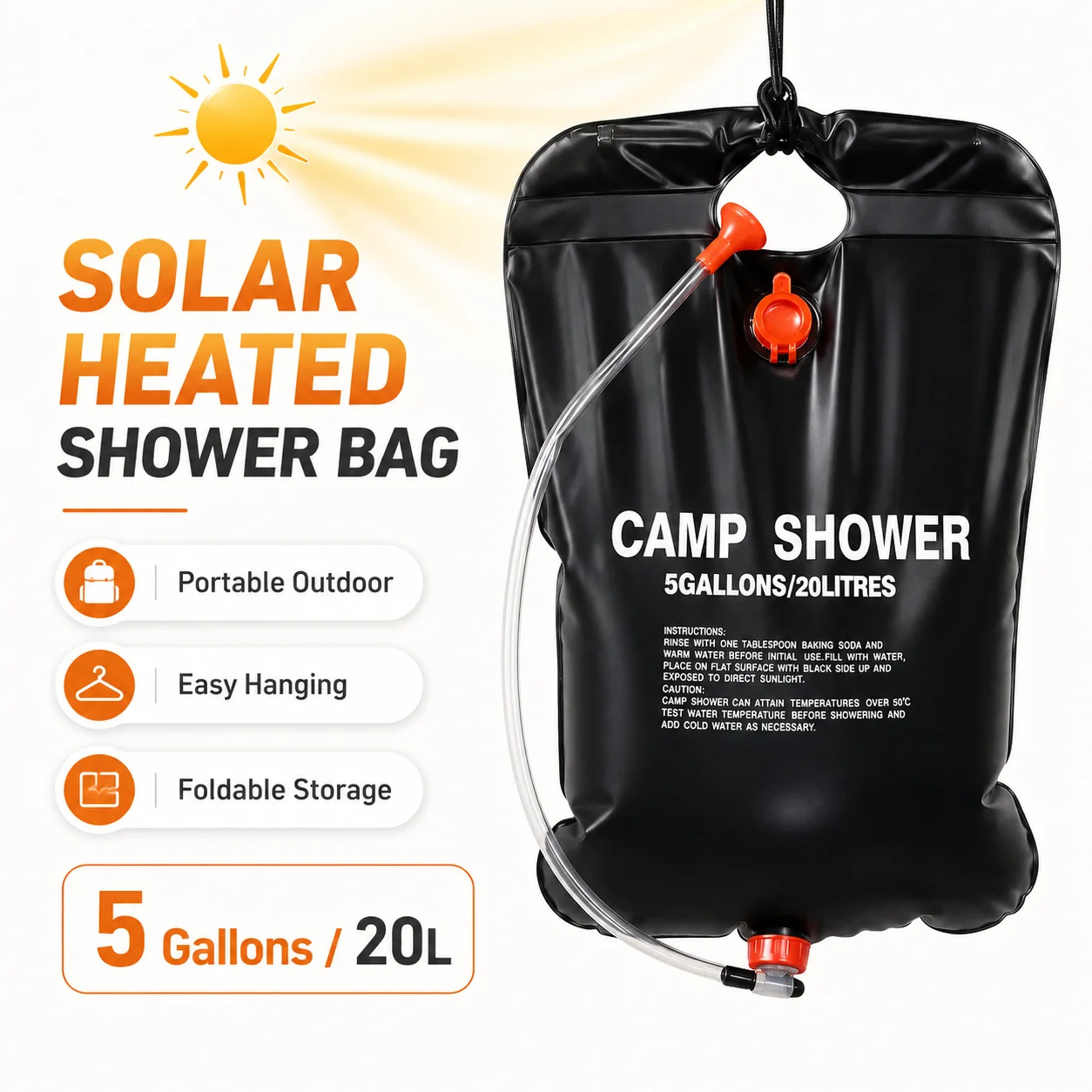 20L Solar Shower Bag Portable Camping Shower Water Bag with Hose Nozzle Foldable PVC for Hiking Beach Travel Outdoor Bathing