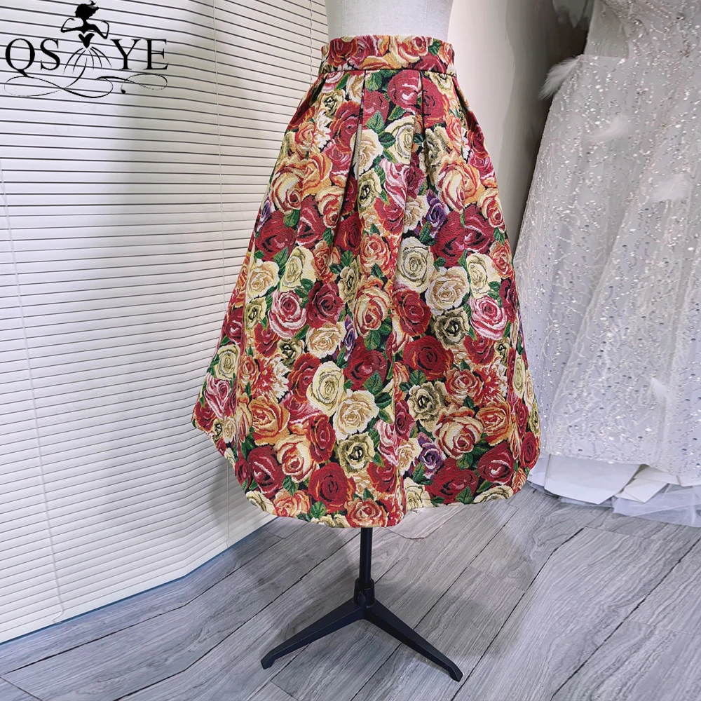 Big Red Flowers A line Prom Dress Overskirt Colorful Stiff Jacquard Women Overlay Evening Gown Skirt Box Pleat Maxi Party Dress