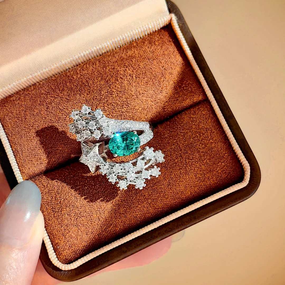 925 Sterling Silver Luxury Fashion High-End Paraiba Stone Paved Comet Falling on Fingertip Floral Cut Ladies' Ring