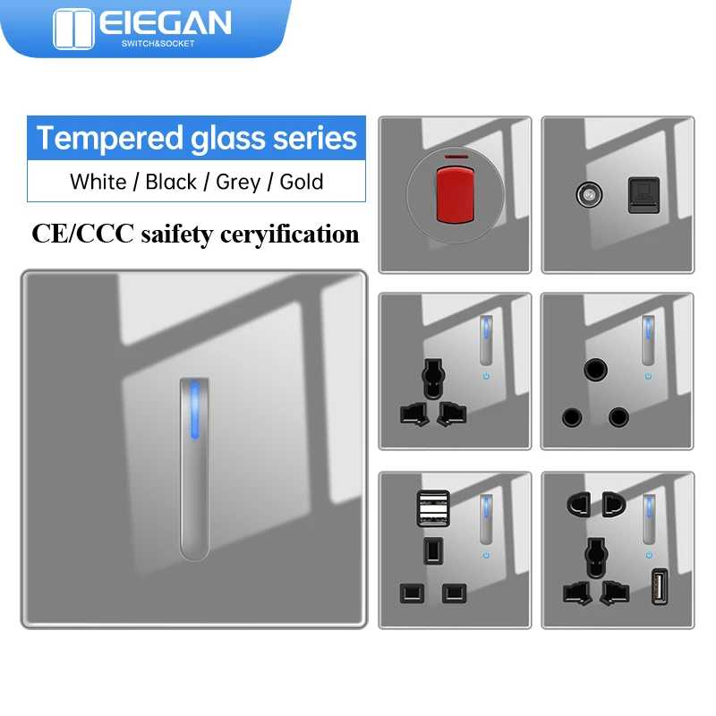 

Grey Wall Lamp Tempered Glass International Switch Self-Reset Led Indicator Light Piano Keys Wall Lamp Panel 1-4gang 1Way 2Way