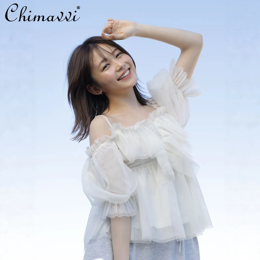 일본 스타일 체스트 3D 러플 엣지 오프숄더 랜턴 슬리브 블라우스 2025 신상 페어리 스위트 메쉬 슬림 핏 우아한 여성 블라우스
