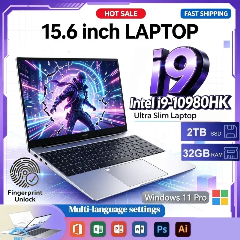 Laptop Intel i9-10980HK Ultra-light Portable 2026 Windows11 1/2TB Large SSD 15.6 Inch 16GB/32GB RAM