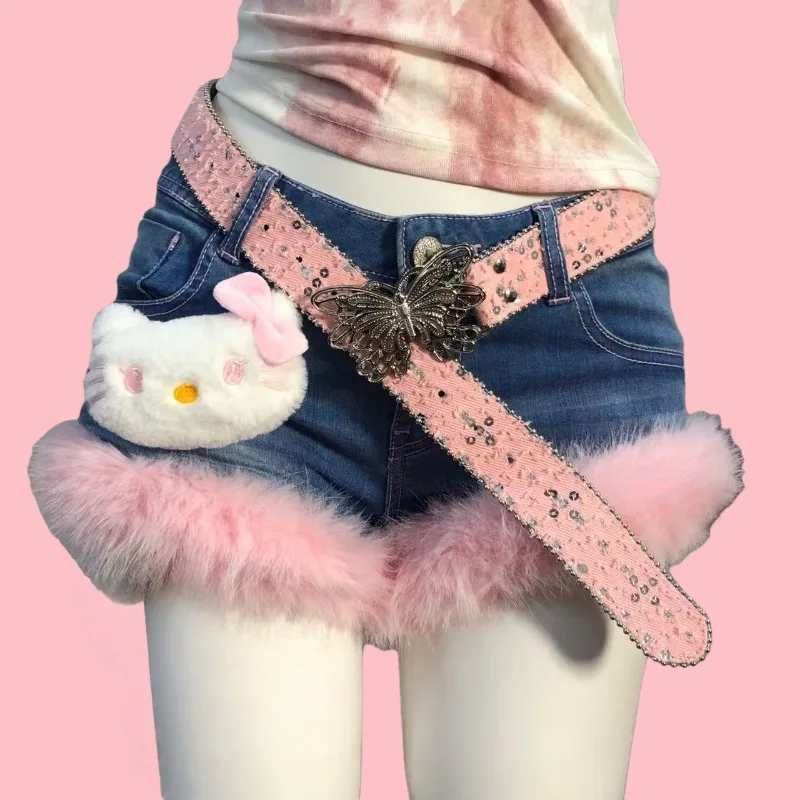 

Милые пушистые джинсовые шорты с рисунком «Hello Kitty», джинсовые шорты из эластичного стежка из искусственного меха Y2k, женская зимняя одежда в стиле ретро, регулируемый ремень
