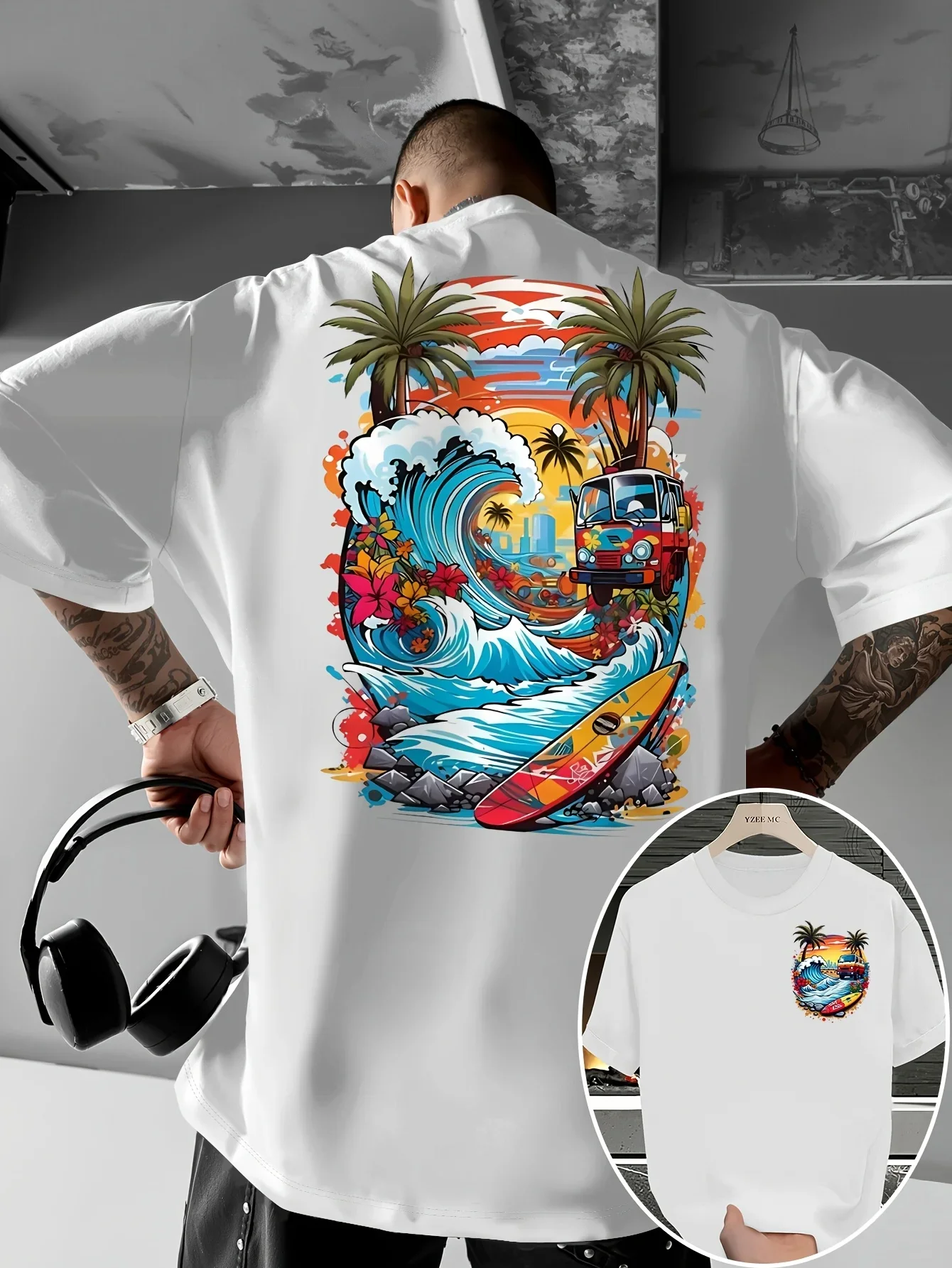 Men's Vacation Palm Tree T-shirt with Colorful Wave Pattern Breathable 100% Pure Cotton Summer Fashion Casual Top