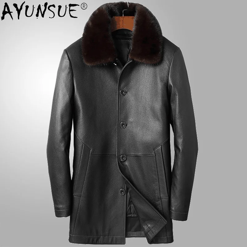 

Genuine Goatskin Leather Down Jacket for Men Winter Mid-length Coats Detachable Mink Collar Jackets Abrigos