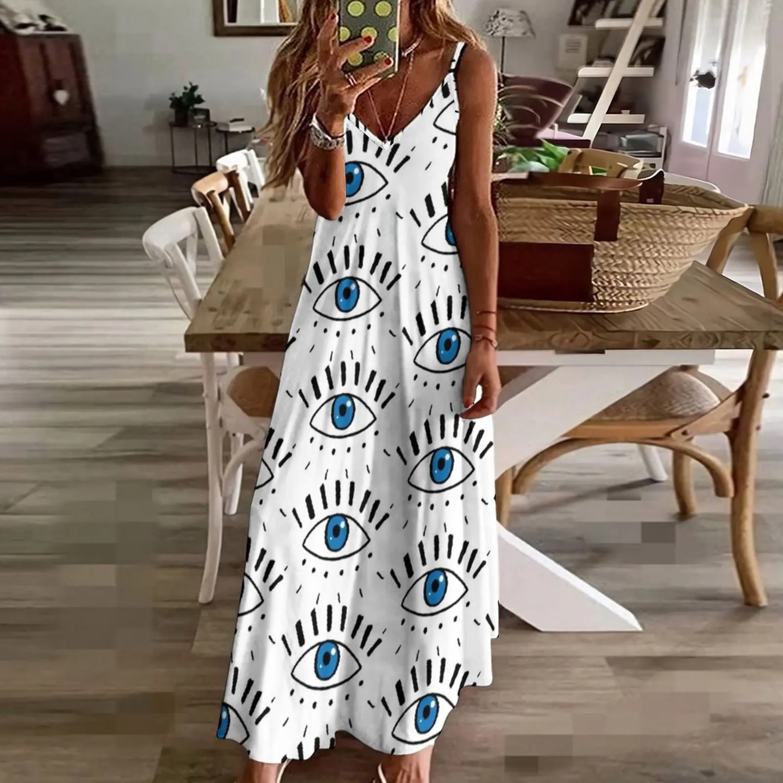 Dark Blue Eyes Dress Sketchy Eye Design Eyeball Vintage Maxi Dress Street Style Boho Beach Long Dresses Strap Print 3XL 4XL 5XL