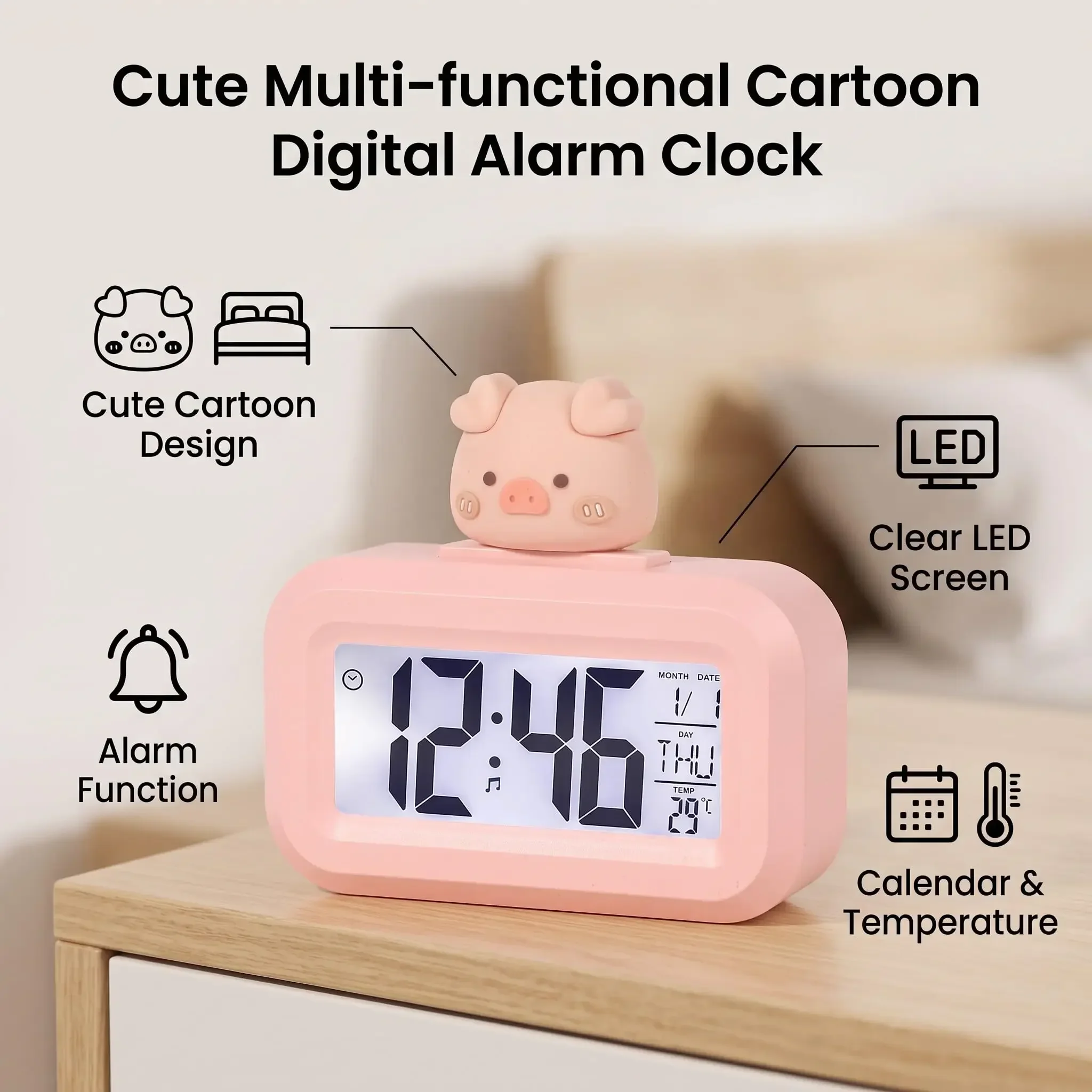 Cute Pig Digital Alarm Clock with LED Display Temperature Calendar Snooze 12/24H Bedside Desk Clock for Kids Room