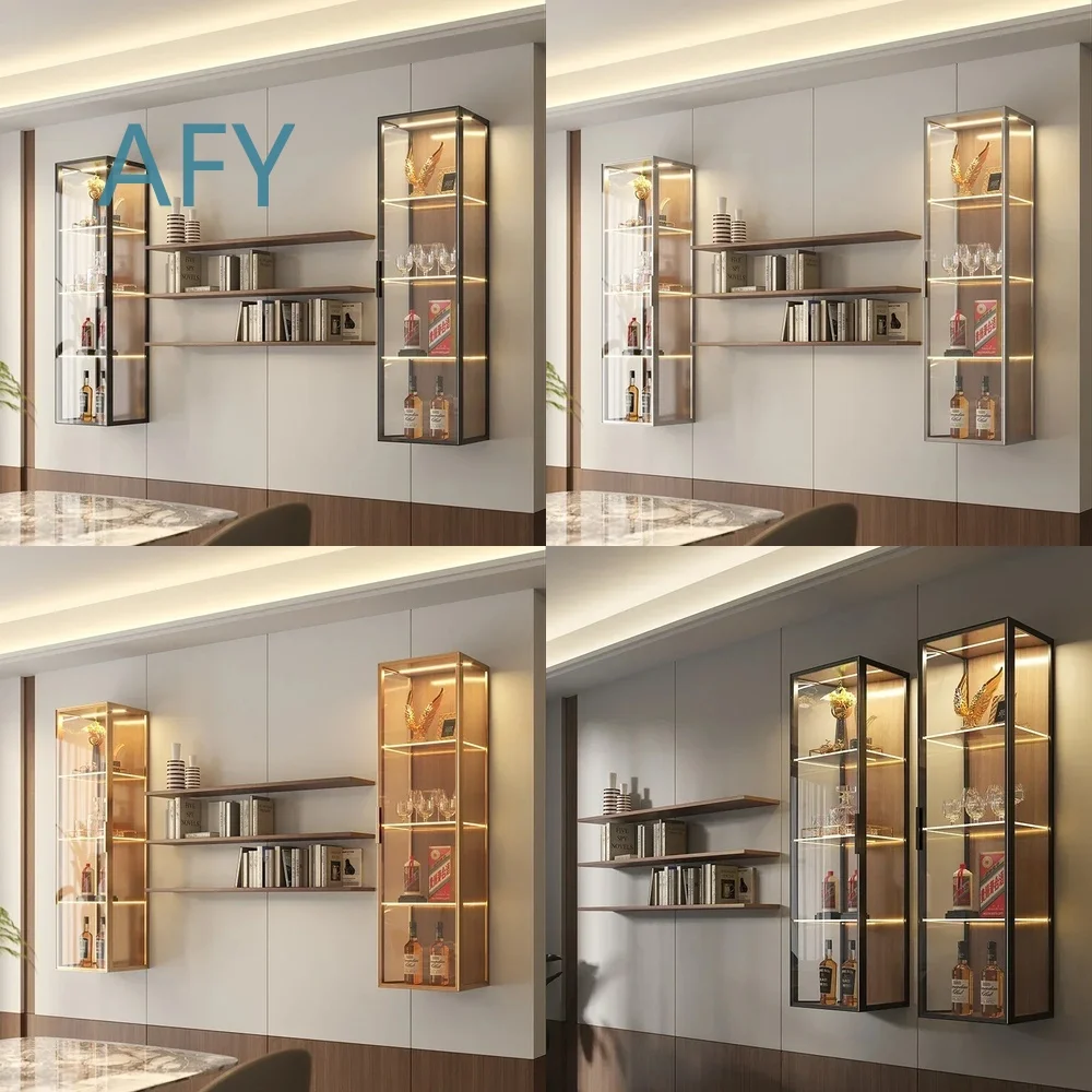 Wall Mounted Tempered Glass Display Cabinet for Modern Living Room Restaurant Office Minimalist Light Luxury Storage Shelving