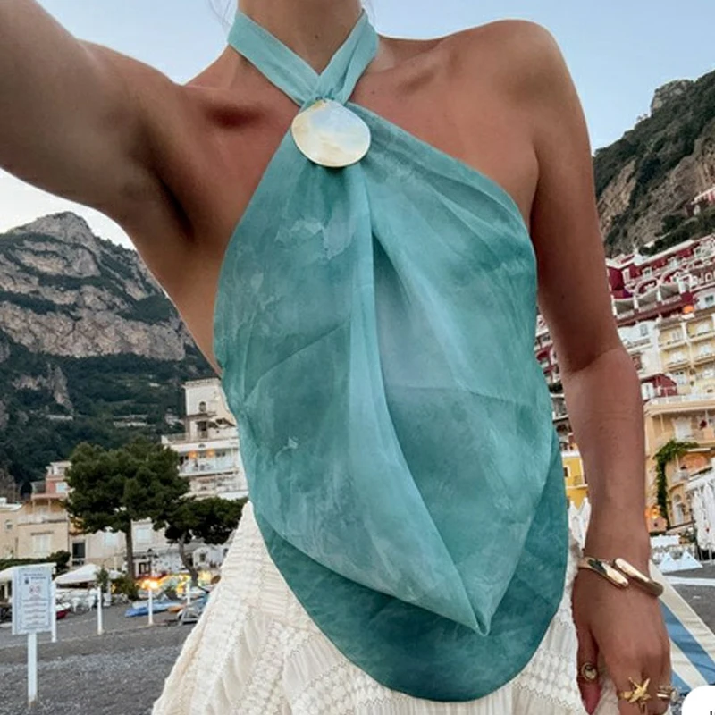 المرأة ثلاثية الأبعاد صدف الرسن سترة الطربوش الرقبة Ruched تانك القمم ثنيات الجبهة التعادل حتى عارية الذراعين المحاصيل الأعلى عطلة الشاطئ الخروج بروتيل #1