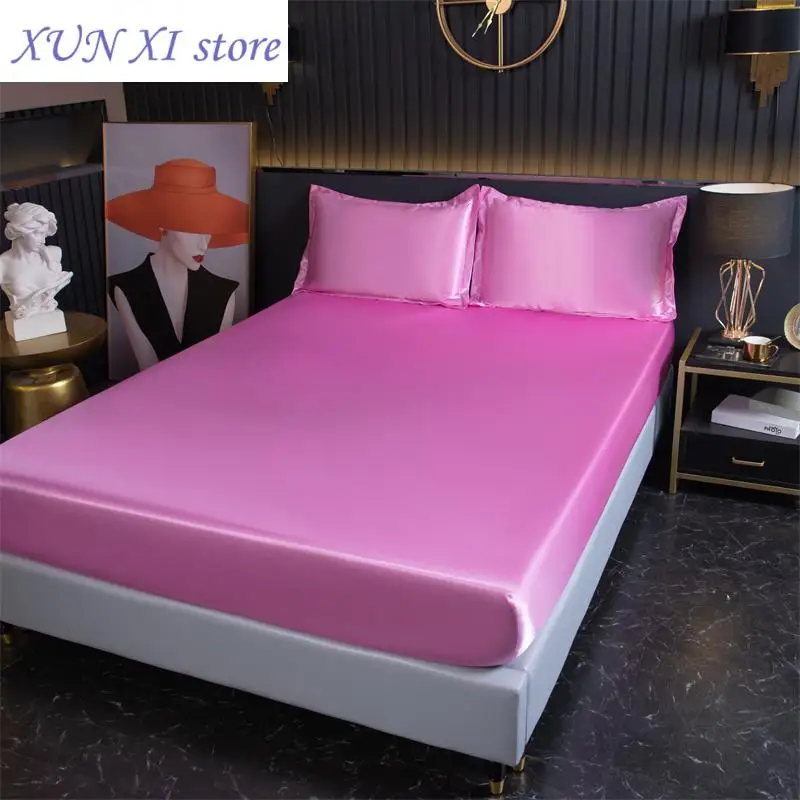 2023 Smooth Fitted Sheet Pillowcase Summer Cooling Bedsheet with Elastic Band Queen Size Mattress Cover Solid Color Bed Linen