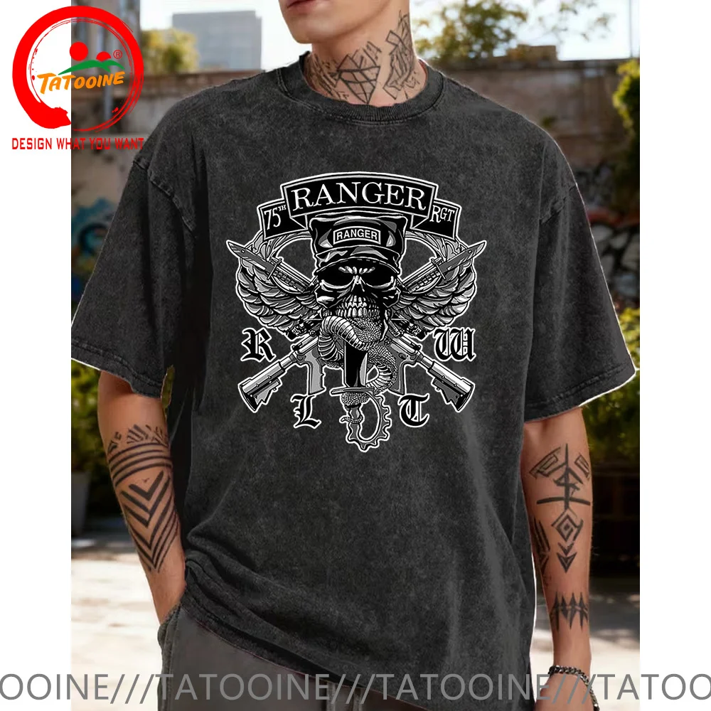 

Винтажная хлопковая футболка из стираного хлопка, дизайн черепа армии США, футболка 75-го воздушно-десантного рейнджера, модная футболка, модная повседневная одежда, футболка