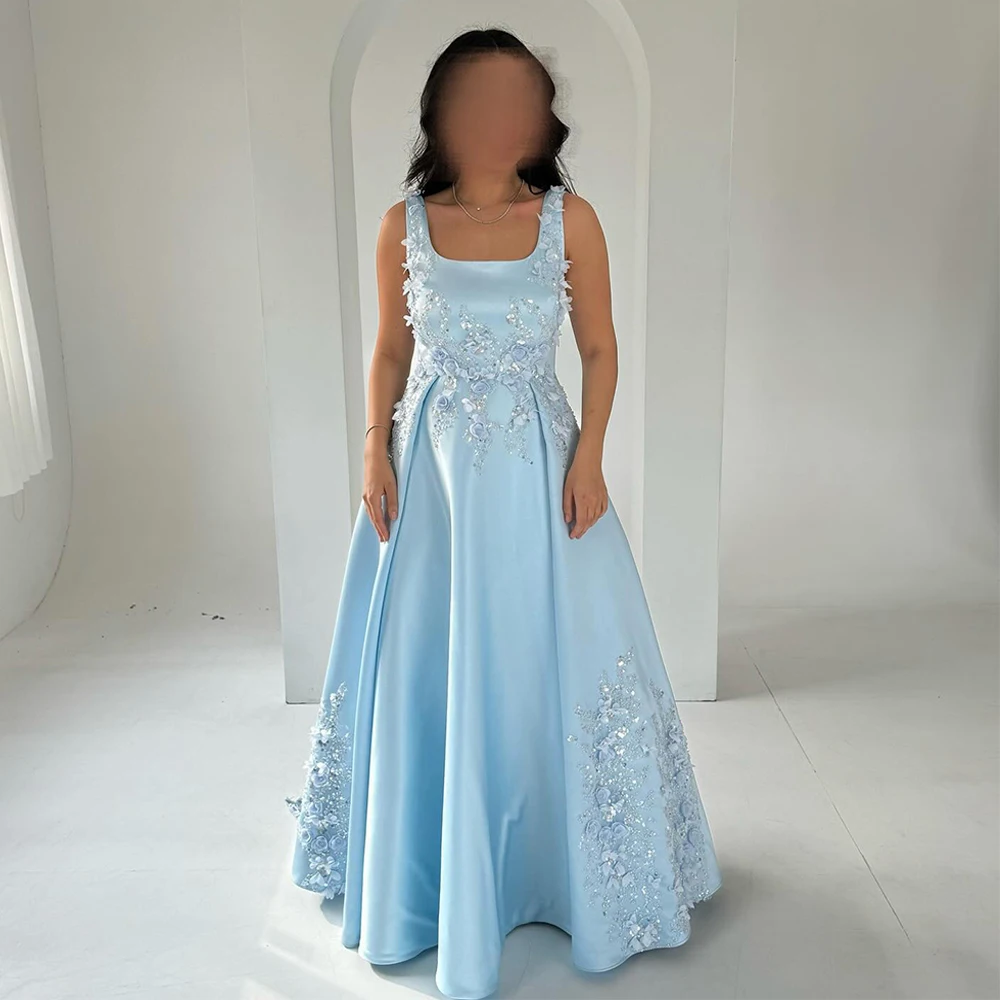 Light Blue Evening Dress Square Neck Sleeveless Sparkling 3D Flower Satin A Line Saudi Arab Prom Dresses Special Occasion Gown