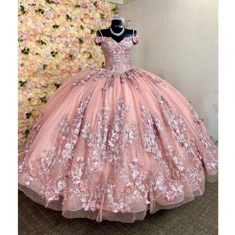 AN31 Customized Princess Girl Prom Dresses 2025 Floral Applique Lace Up Ball Gown Vestido De xv Birthday Party Dress Quinceanera