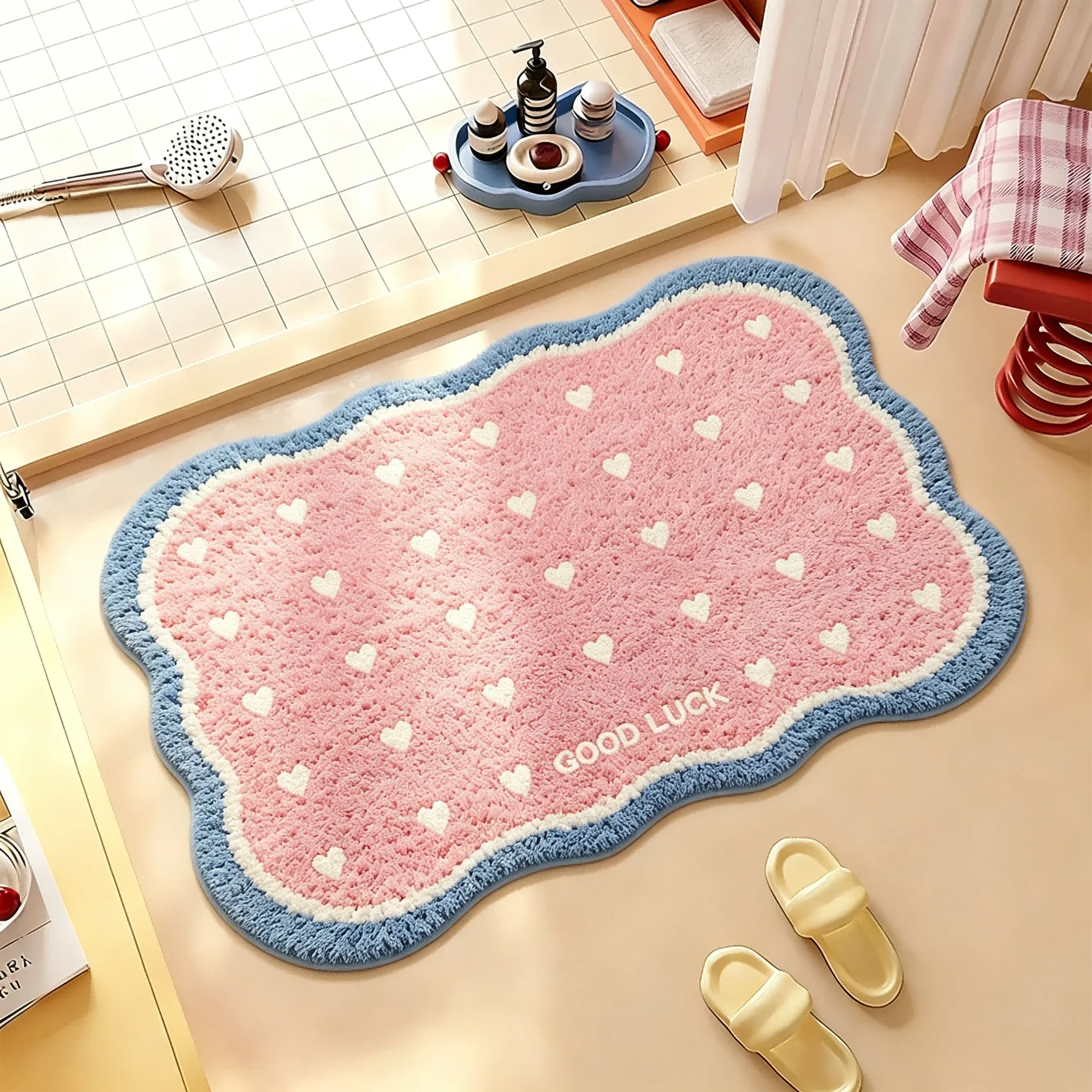 Thick Cashmere Like Bathroom Mat Absorbent Shaggy Shower Rug Aesthetic Wave Border Polka Dot Carpet