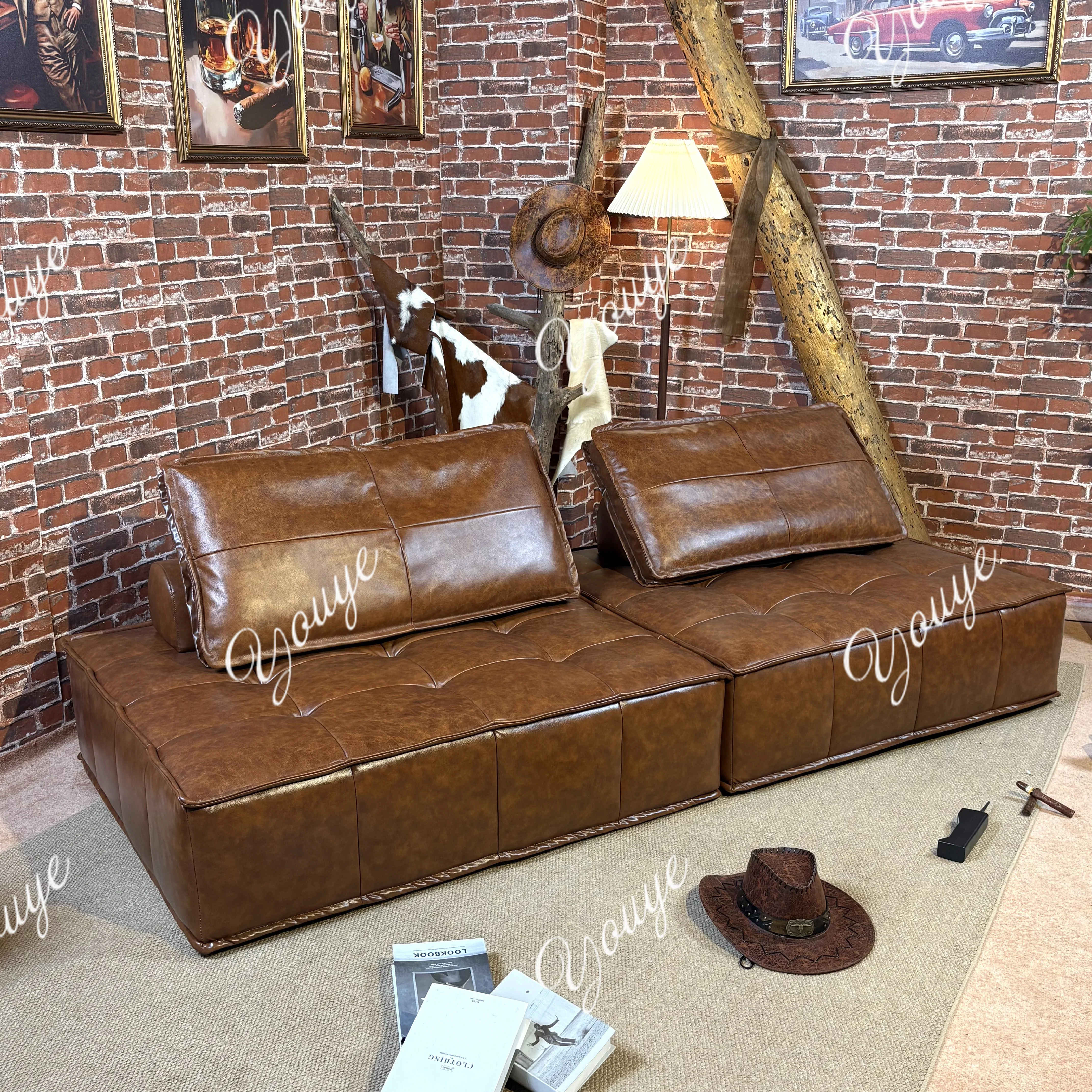 

American retro sofa oil wax real cowhide single tofu square medium and ancient Nordic small apartment