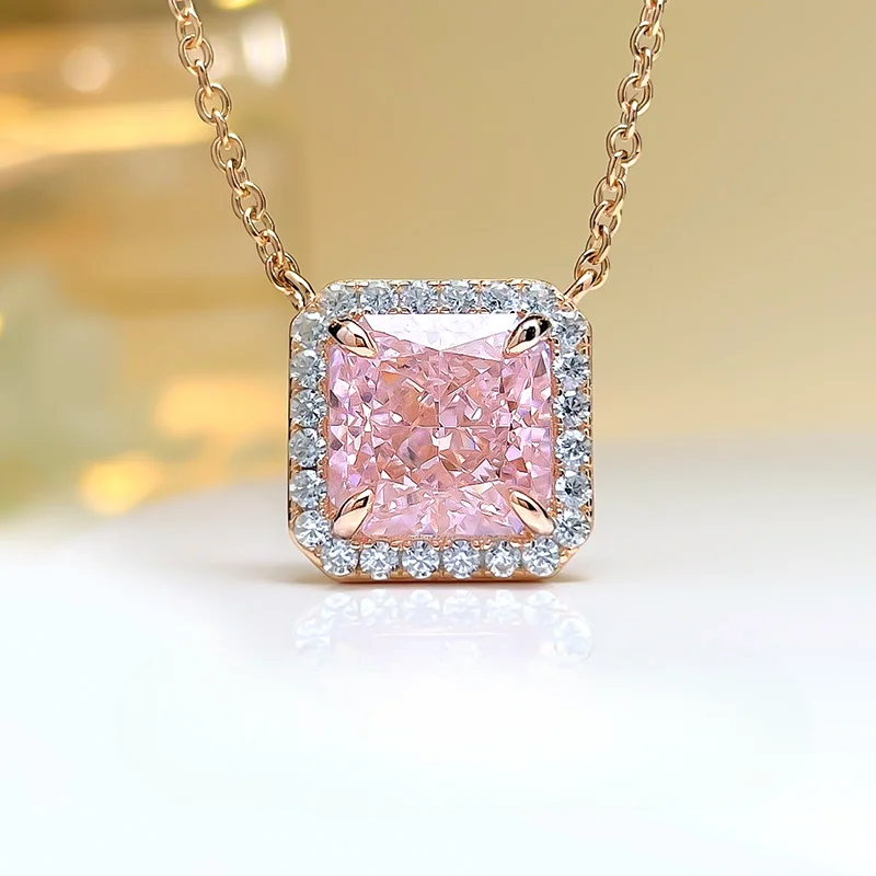 

Gaoding Cherry Blossom Pink Diamond Square Pendant Necklace 925 Silver Plated Rose Gold Lock Bone Chain Sweet Wedding