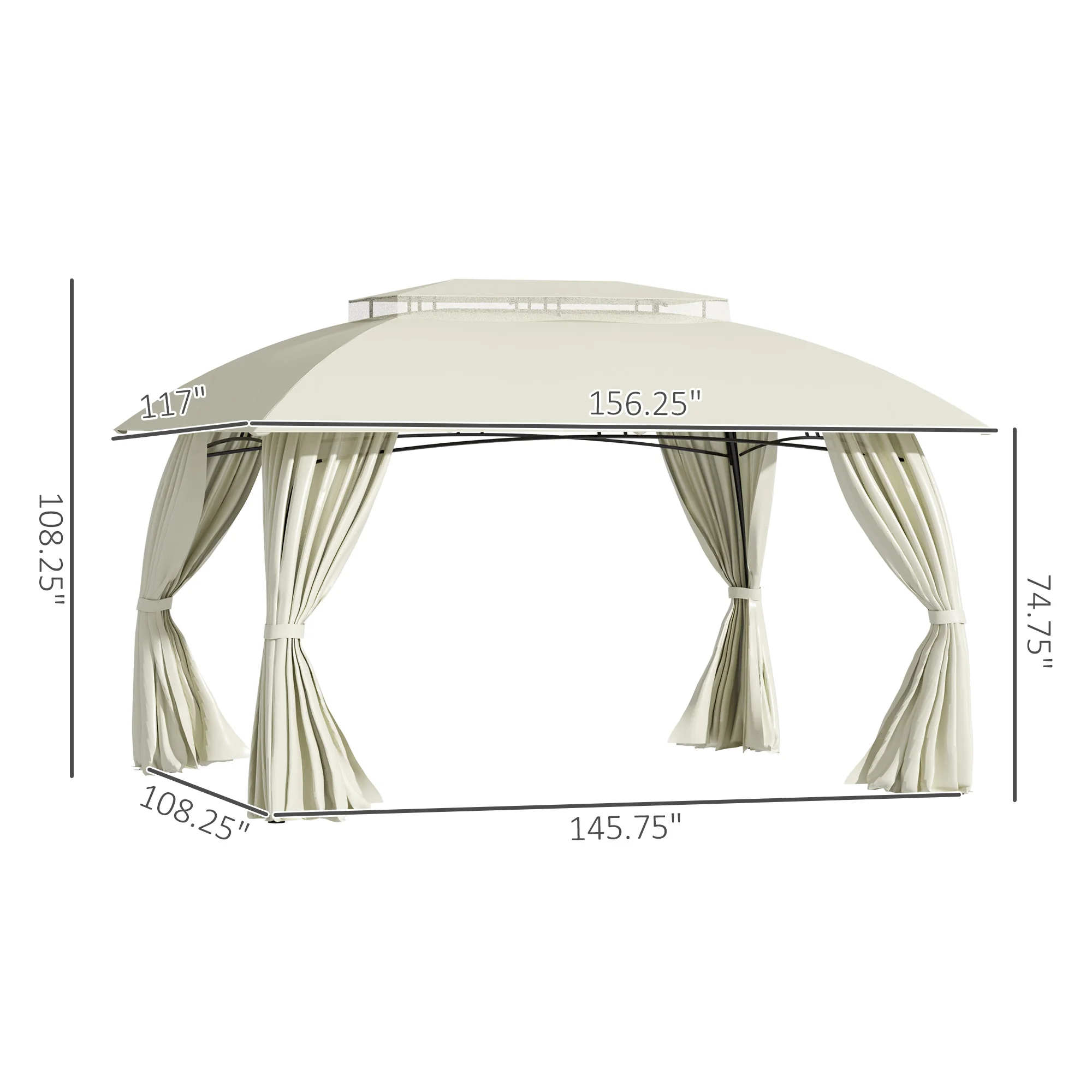 13' X 10' Patio Gazebo, Double Vented Canopy Shelter, Curtains, Steel, Beige image 3